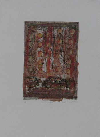 Click the image for a view of: David Koloane. Cityscape. 2009. Hand coloured etching. 535X390mm